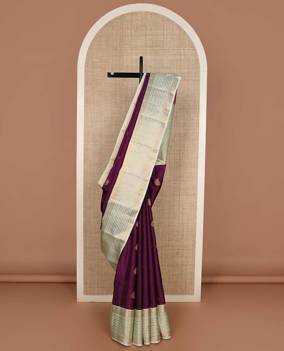 Purple zari buttas Vasundhara silk mix saree, contrast border of yaali, kathir, cross kamalam, and mayil designs, and jaal pallu