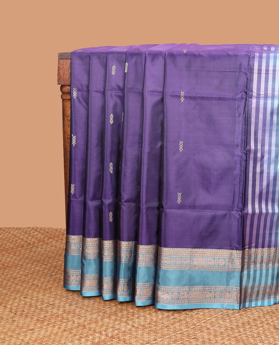Dark blue floral motifs banana pith saree with contrast rettai pettu border & floral design pallu