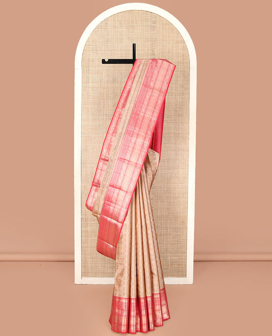 Sandal Vasundhara Silk Saree, Prettified with Zari Checked Design All Over Its Body, Complemented by a Contrast Border of Manga, Muthu, Rudraksham, and Yaali Designs, Grand Jaal Pallu, and Paired with a Contrast Blouse