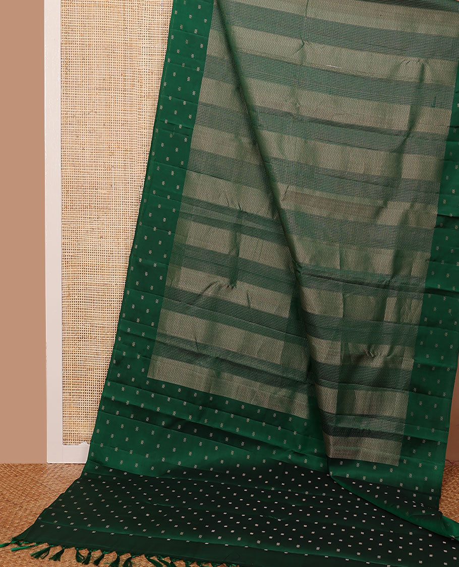 Green checked & zig-zag striped silk saree, self-border & pallu of unique motifs in zari