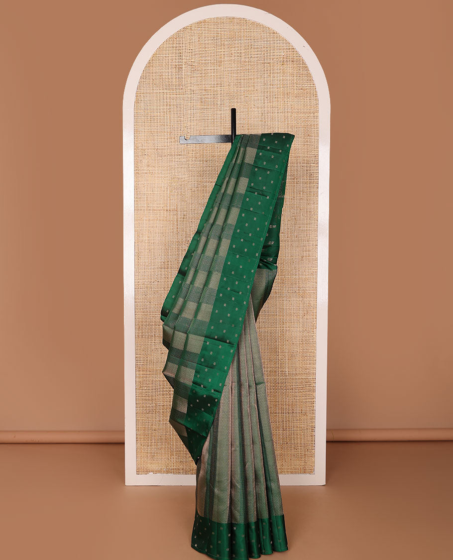 Green checked & zig-zag striped silk saree, self-border & pallu of unique motifs in zari