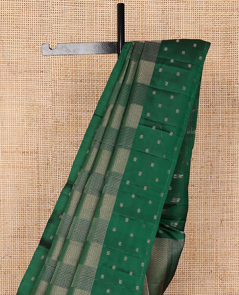 Green checked & zig-zag striped silk saree, self-border & pallu of unique motifs in zari