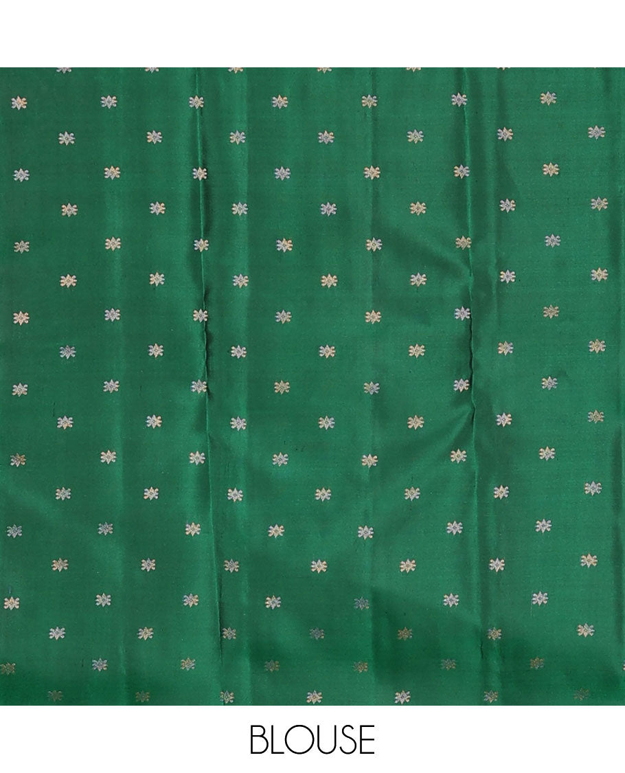 Green checked & zig-zag striped silk saree, self-border & pallu of unique motifs in zari