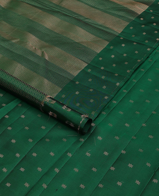 Green checked & zig-zag striped silk saree, self-border & pallu of unique motifs in zari