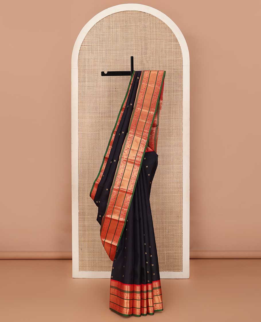 Black annam chakram zari buttas silk saree, contrast border of thilakam mokku, Muthu, jaal, kodi yaanai and mayil and jaal pallu
