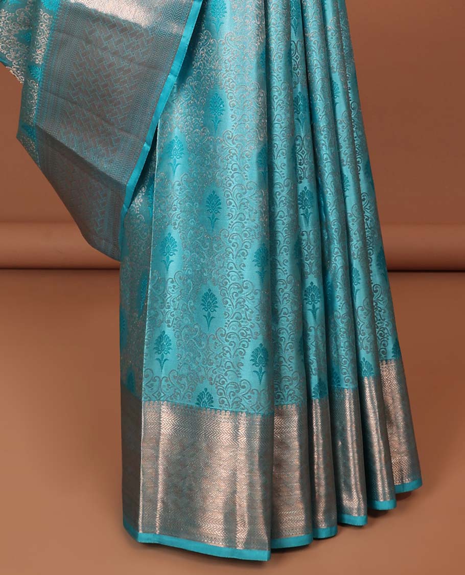 Blue floral vine jacquard kancheepuram silk saree with self border of thilakam mokku, kathir, banaras design & zari design pallu '