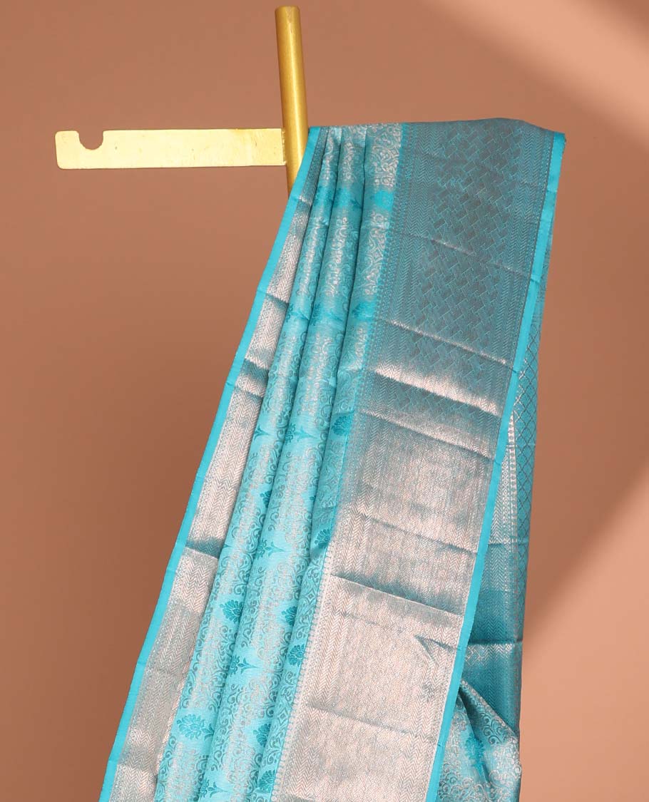 Blue floral vine jacquard kancheepuram silk saree with self border of thilakam mokku, kathir, banaras design & zari design pallu '
