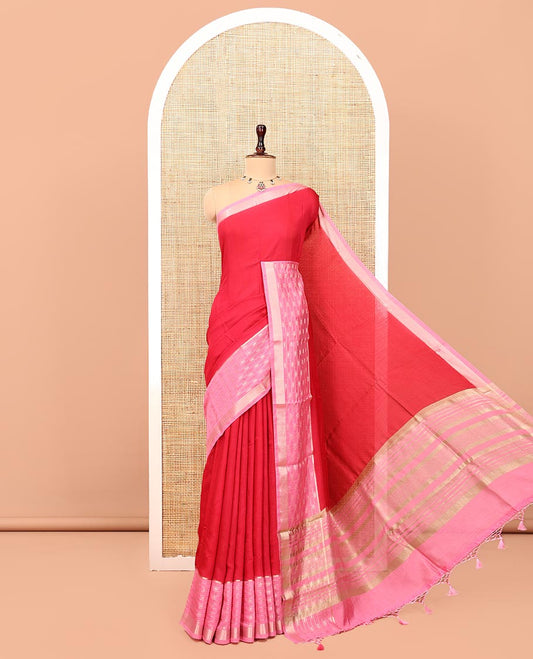 Red Plain Assam Silk Saree, Complemented by a Contrast Traditional Zari Border, Zari-Design Pallu, and a Contrast Blouse