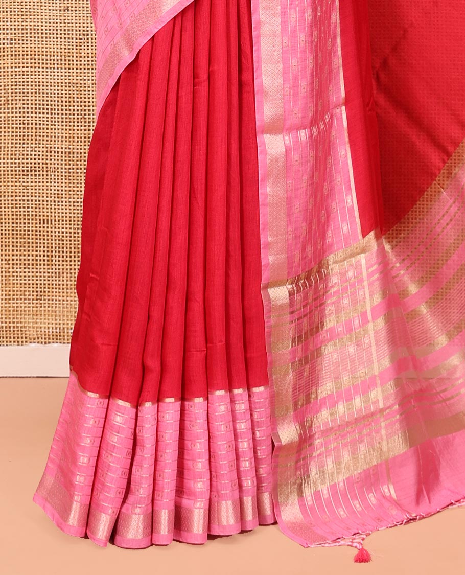 Red Plain Assam Silk Saree, Complemented by a Contrast Traditional Zari Border, Zari-Design Pallu, and a Contrast Blouse