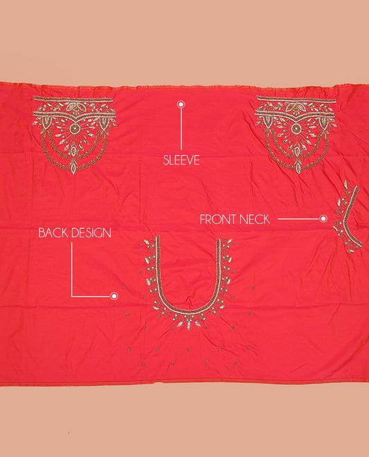 Red Aari Blouse Material, Artfully Embroidered with Intricate Bead Embroidery on Its Sleeves, and Intricately Embroidered Back and Front Neck