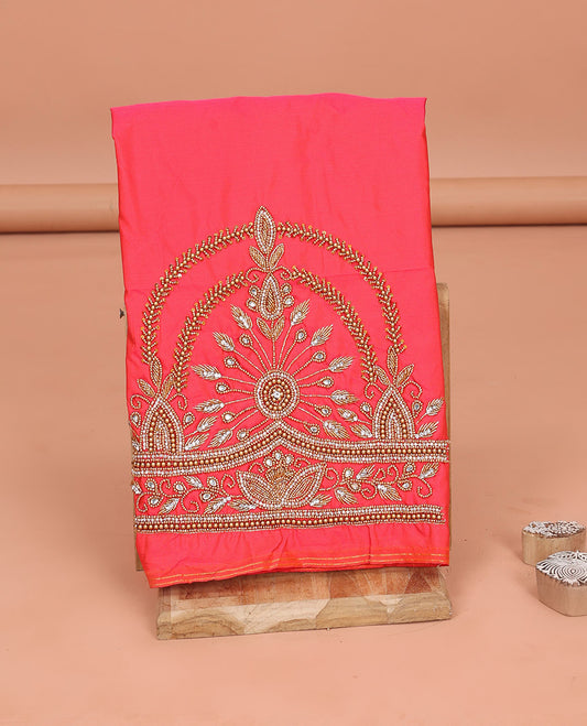 Red Aari Blouse Material, Artfully Embroidered with Intricate Bead Embroidery on Its Sleeves, and Intricately Embroidered Back and Front Neck