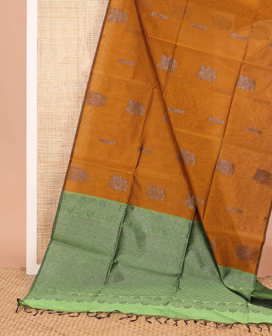 Borderless Bronze Orange zari buttas woven semi-silk cotton saree, contrast intricately designed pallu