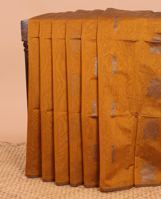 Borderless Bronze Orange zari buttas woven semi-silk cotton saree, contrast intricately designed pallu