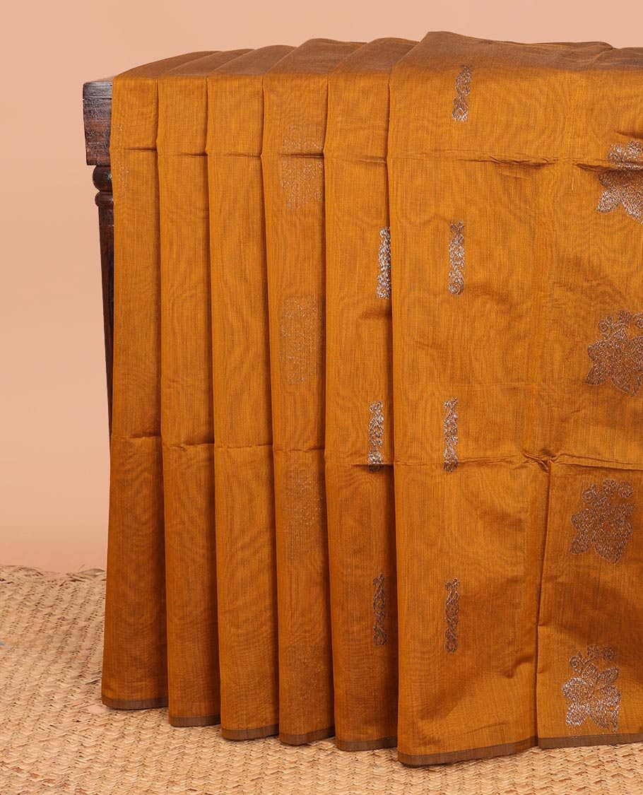 Borderless Bronze Orange zari buttas woven semi-silk cotton saree, contrast intricately designed pallu