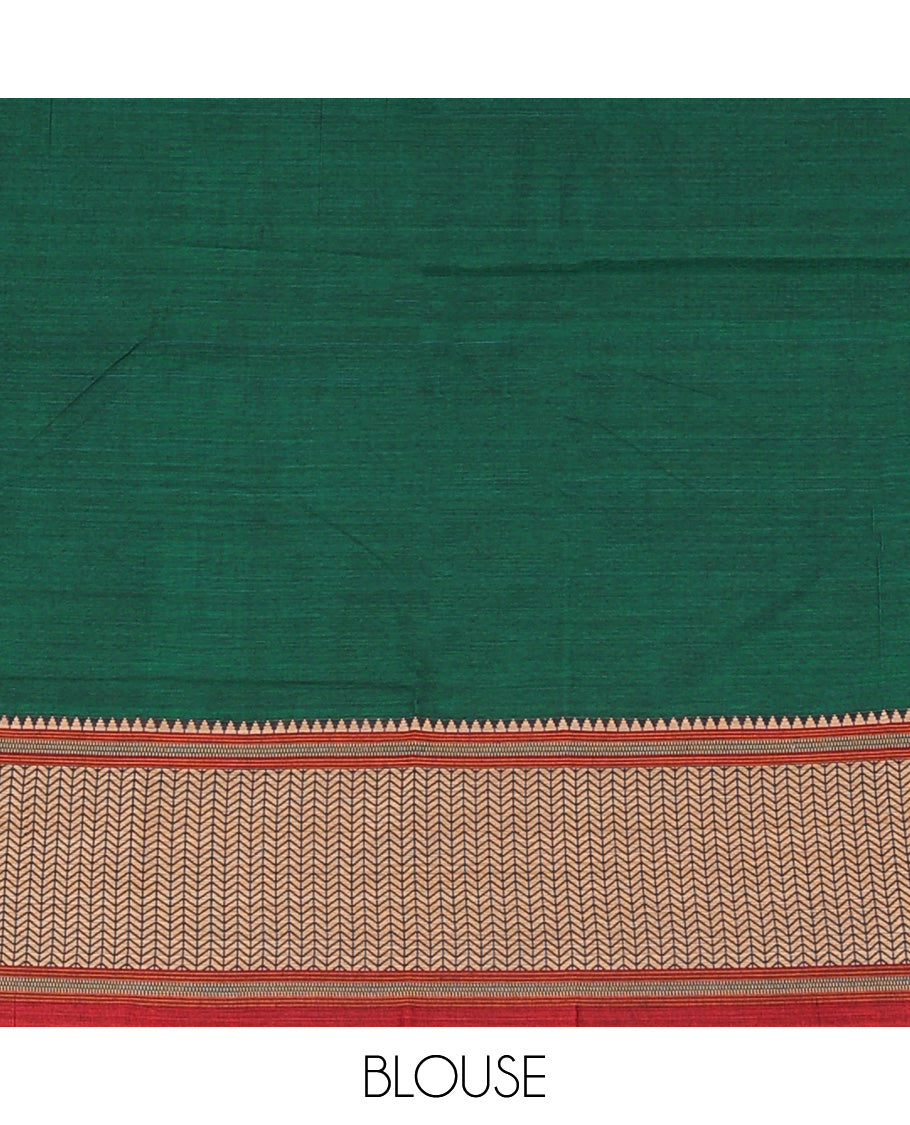 Dark green plain Narayanapet cotton saree, contrast geometric patterned thread border, and striped pallu