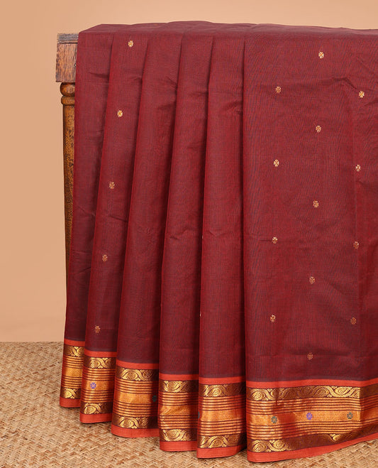 Brown zari buttas Venkatagiri cotton saree, contrast traditional zari and thread border, and zari striped pallu