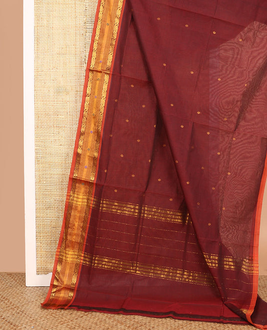 Brown zari buttas Venkatagiri cotton saree, contrast traditional zari and thread border, and zari striped pallu