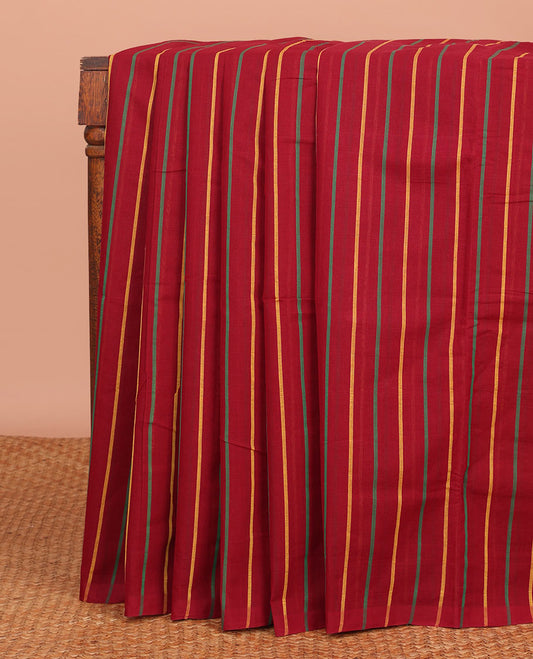 Borderless Red  Mangalagiri Cotton Saree Accentuated with Stripes All Over Its Body, Pallu Depicts Thick Stripes, and Paired with a Contrast Blouse