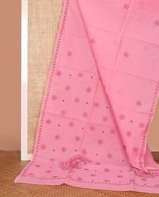 Pink Lucknowi Chikankari Cotton Saree, Enthralled with Floral Motifs Embroidery on Its Body, Subtle Border, Pallu of Floral-Paisley Embroidery, and Comes Without a Blouse