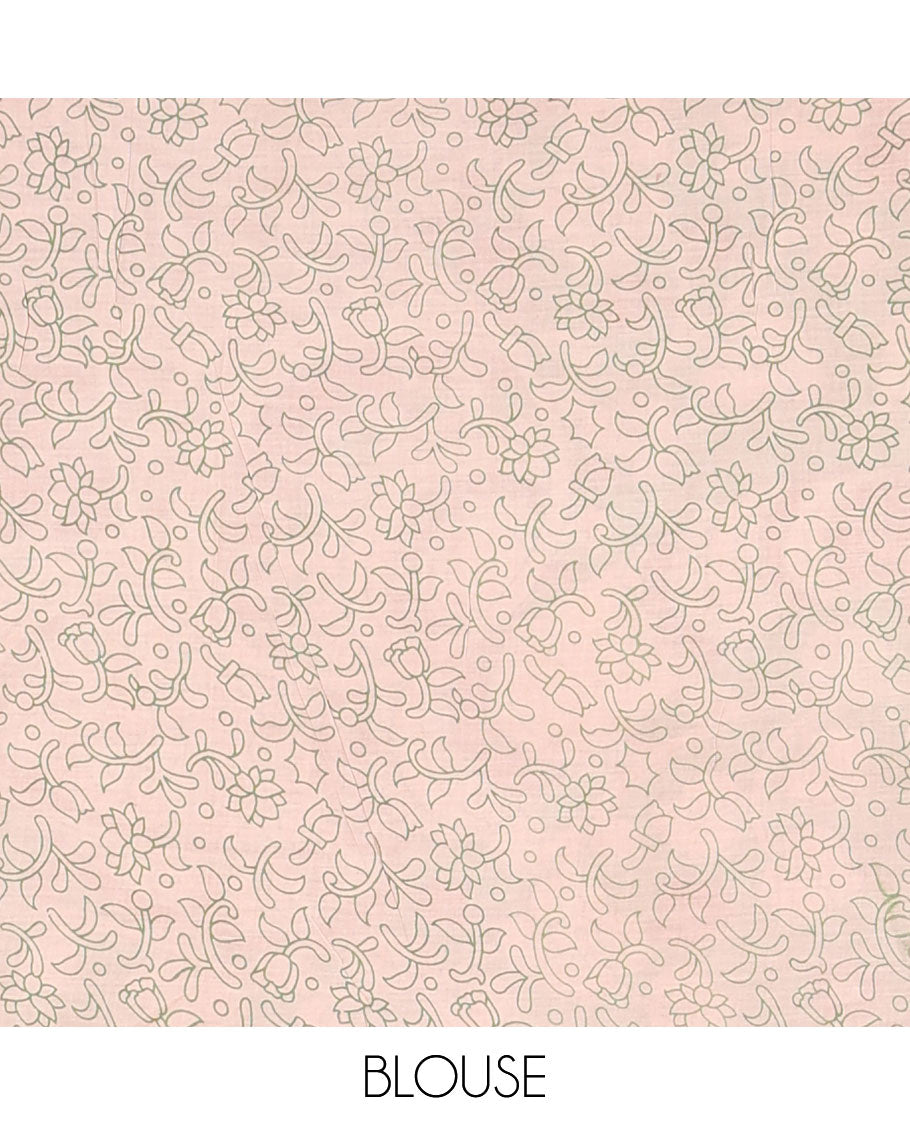 Brown floral vine machine-printed kalamkari cotton saree, floral printed border & pallu of peacock & floral vine print