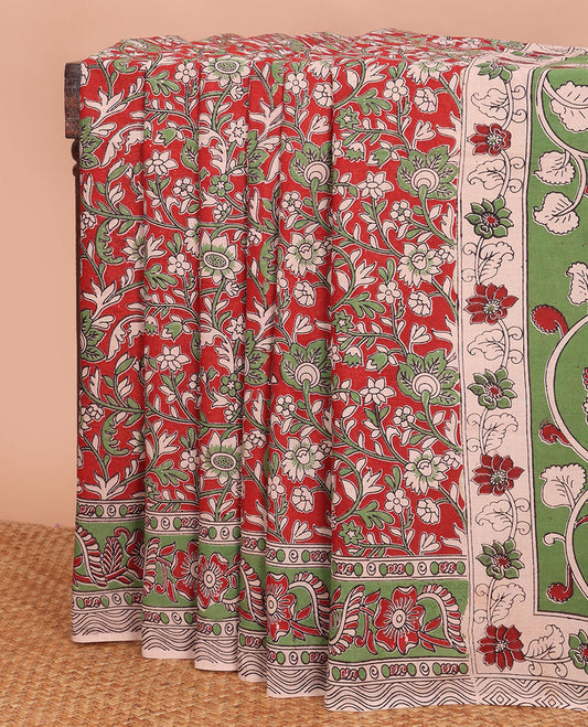 Brown floral vine machine-printed kalamkari cotton saree, floral printed border & pallu of peacock & floral vine print