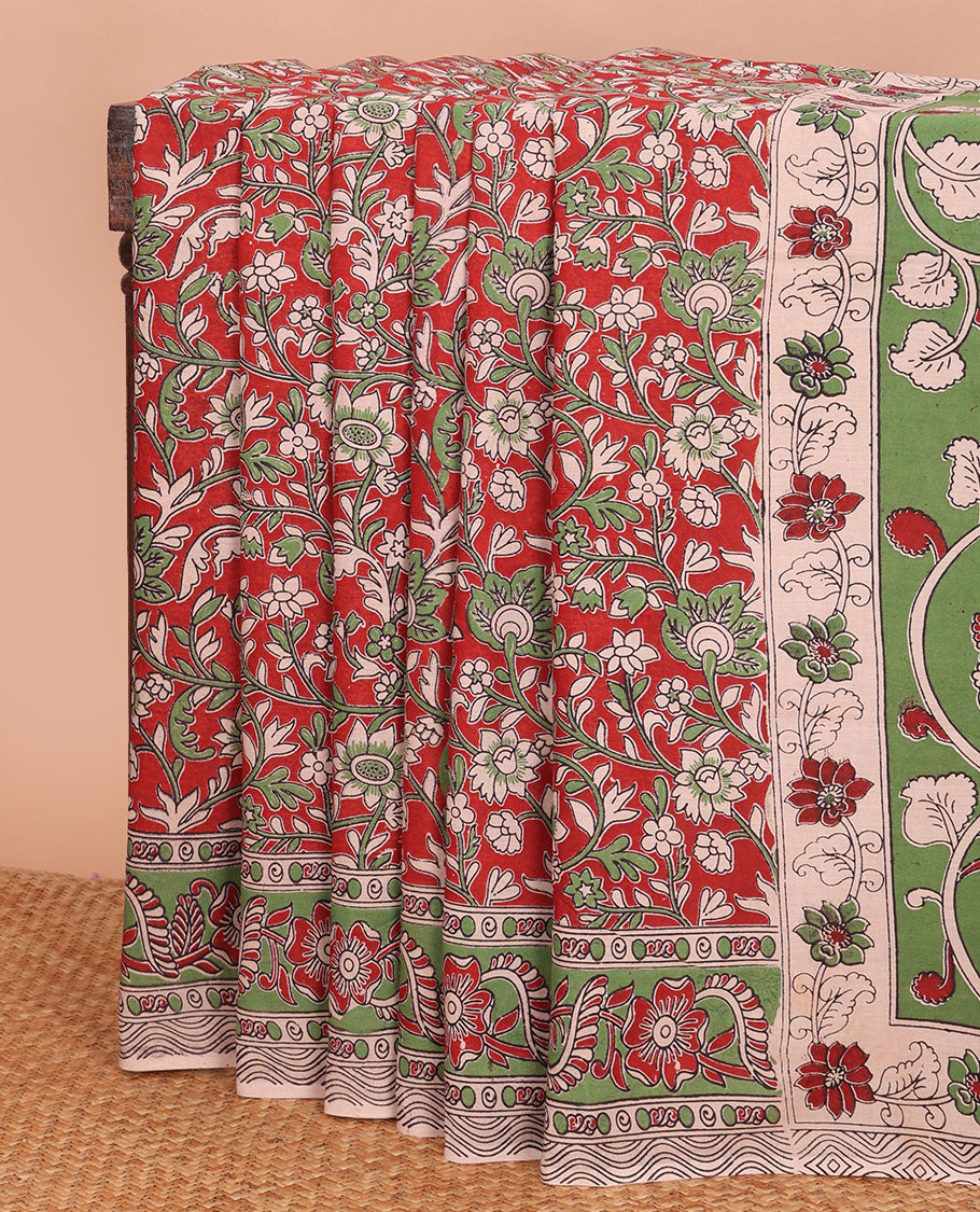 Brown floral vine machine-printed kalamkari cotton saree, floral printed border & pallu of peacock & floral vine print