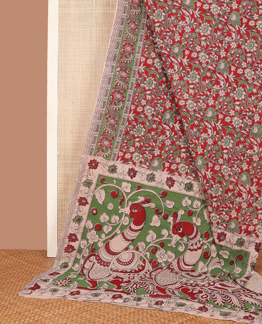Brown floral vine machine-printed kalamkari cotton saree, floral printed border & pallu of peacock & floral vine print
