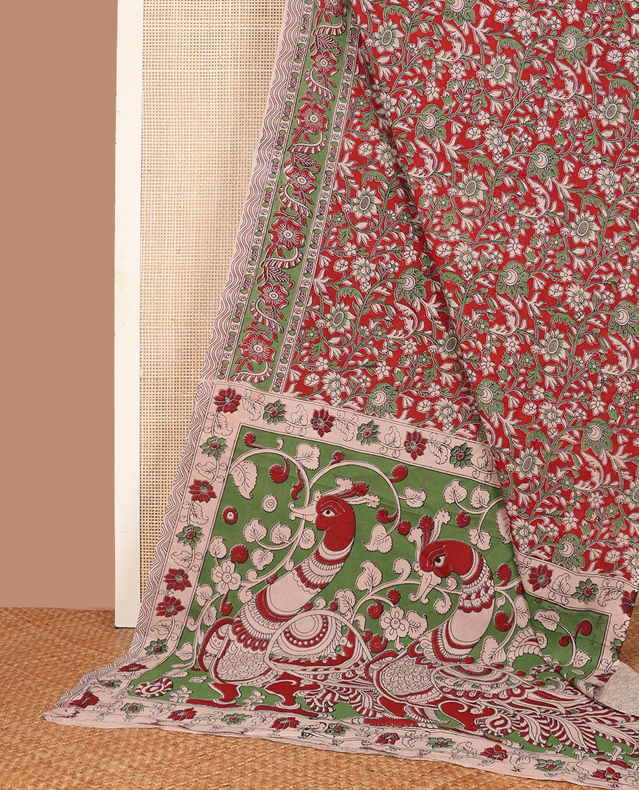 Brown floral vine machine-printed kalamkari cotton saree, floral printed border & pallu of peacock & floral vine print