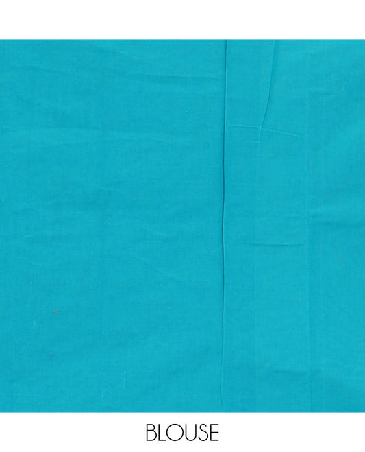 Borderless blue geometric patterned Coimbatore cotton saree, self-pallu of geometric patterns