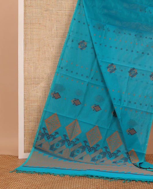 Borderless blue geometric patterned Coimbatore cotton saree, self-pallu of geometric patterns