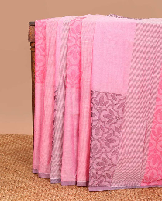 Borderless pink jaal patterned gird buttas Coimbatore cotton saree, self-pallu of jaal and leaf motifs