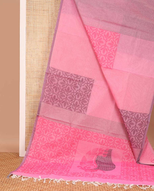 Borderless pink jaal patterned gird buttas Coimbatore cotton saree, self-pallu of jaal and leaf motifs