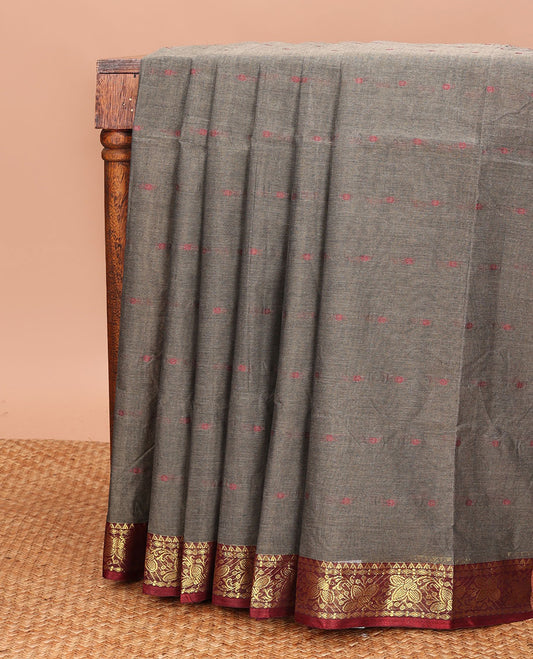 Grey Bengal Cotton Saree, Adorned with Thread Buttas All Over Its Body, Complemented by a Contrast Traditional Zari Design Border, and Pallu Steeped with Stripes
