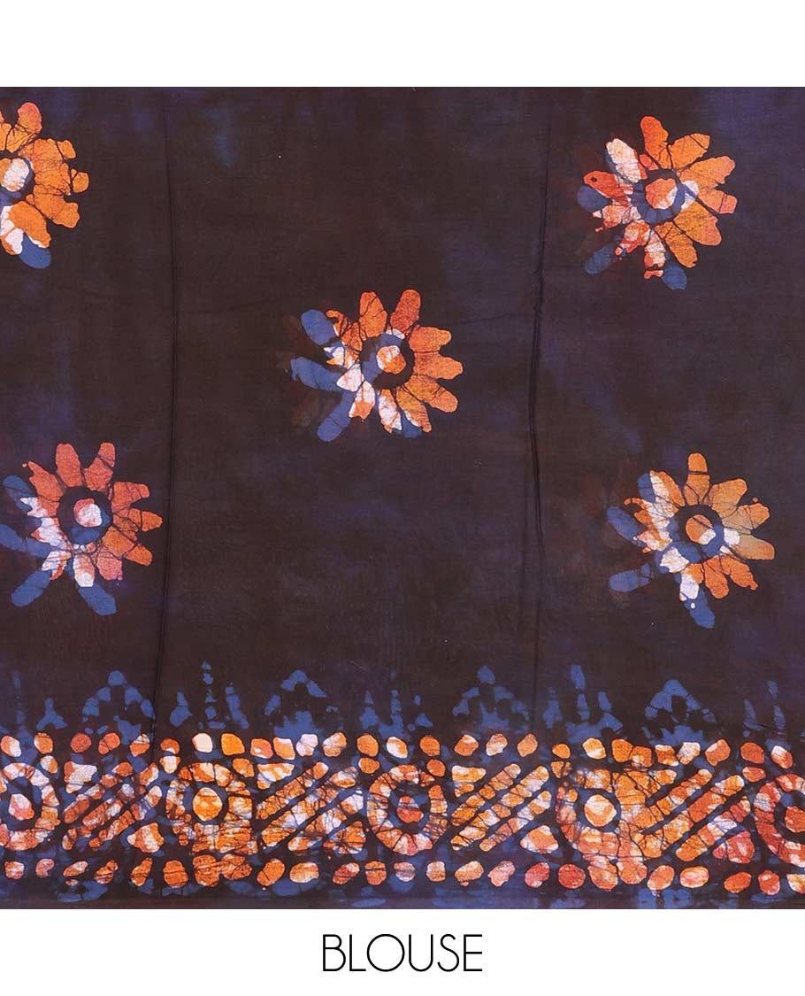 Multi-color geometric batik printed mul mul cotton saree, batik printed border, and pallu of batik print