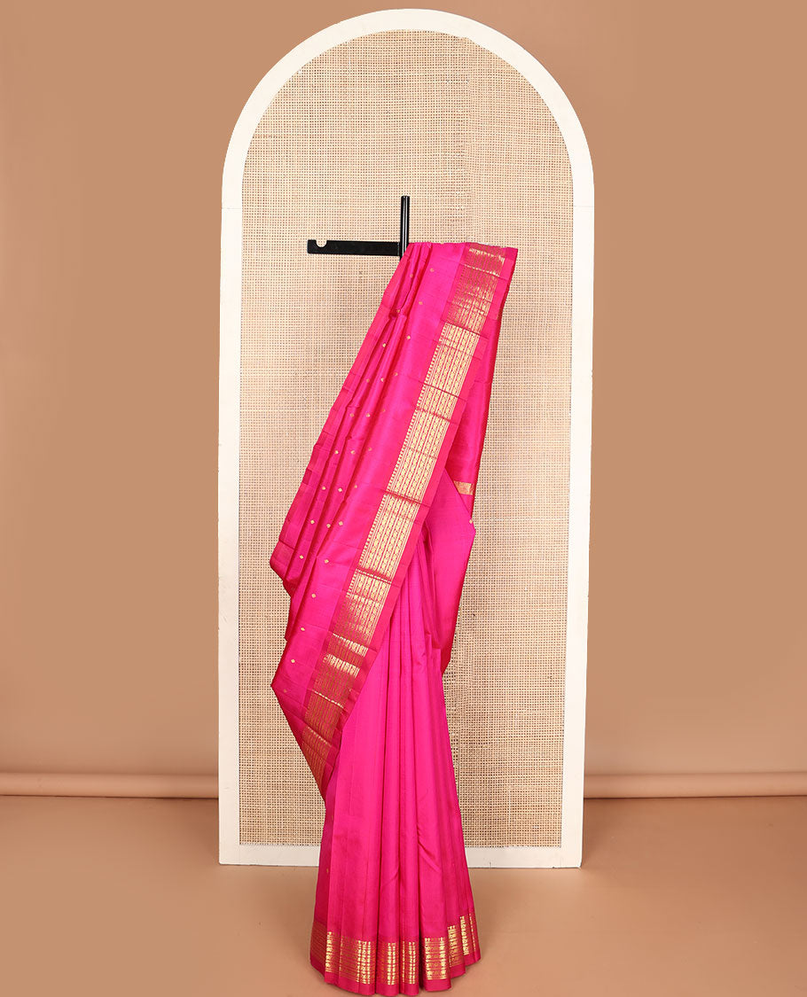Pink zari buttas Kanchipuram silksaree, zari one-sided border of panner sombu,banaras & manga mokku & pallu of zari design pallu
