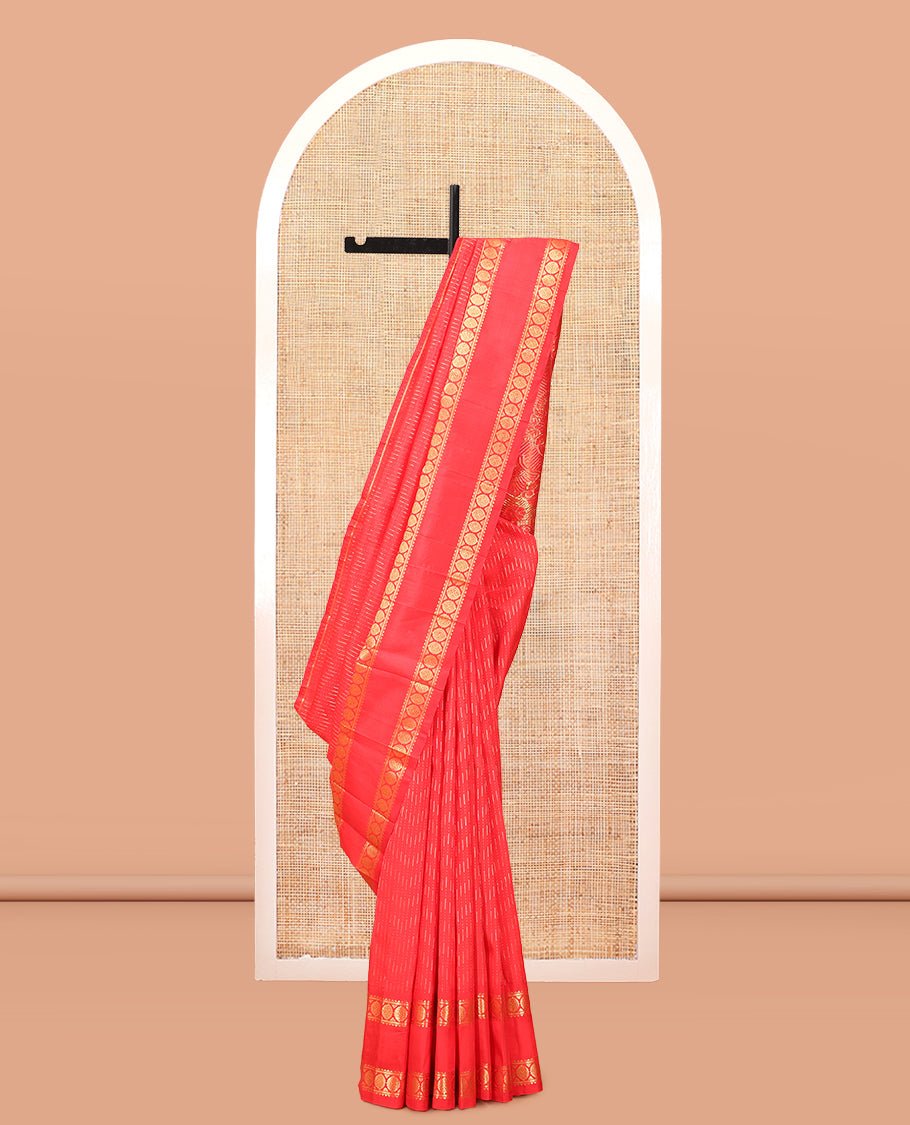 Red Kanchipuram Silk Saree, Woven with Chevron Zari Buttas, Highlighted by a Zari Rettai Pettu Border of Rekku, Banaras, and Chakram Design, Grand Pallu, and No Blouse