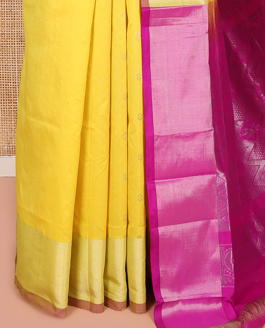 Yellow Kuppadam Cotton Saree, Sparsely Woven with Zari Buttas All Over Its Body, Complemented by a Bavanji Border, Captivating Contrast Pallu of Intricate Designs, and Paired with a Contrast Blouse