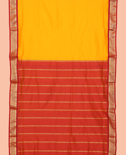 Yellow Plain Nine-Yard Saree, a Contrast Zari Border of Ara Maadam Designs, Contrast Striped Pallu, and No Blouse