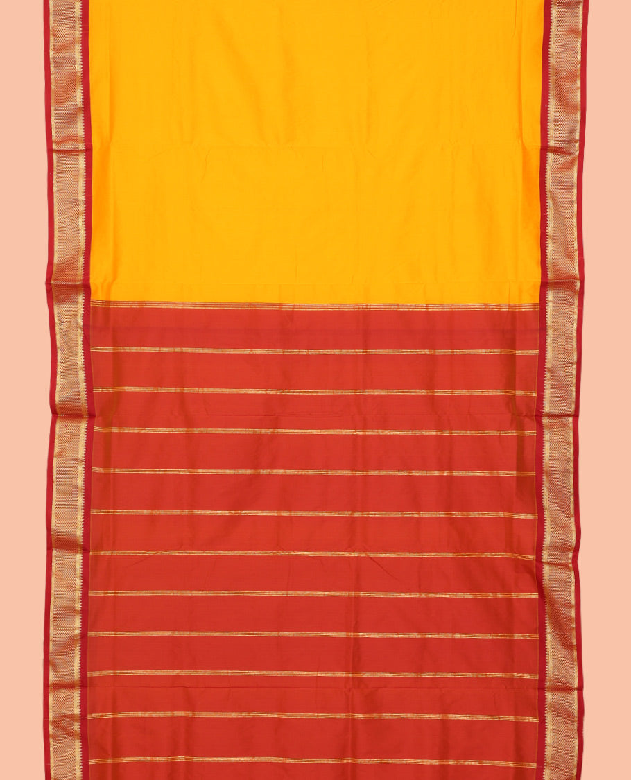 Yellow Plain Ten Yard Saree, a Contrast Zari Border of Ara Maadam Designs, Contrast Striped Pallu, and No Blouse