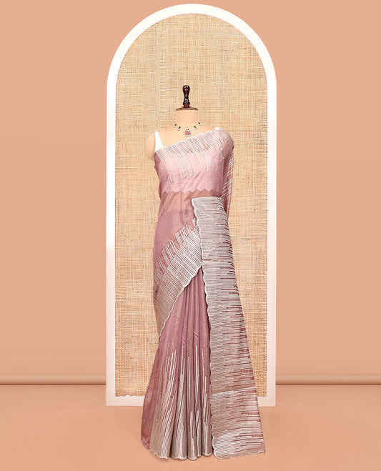 Pink Plain Organza Saree, a Scallop Vines Embroidered Border, and a Matching Blouse