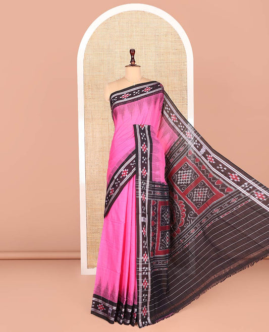 Pink Plain Odisha Cotton Saree, Complemented by a Contrast Temple Border of Pasapalli Weaves, Pallu Features Intricate Patterns, and Has No Blouse