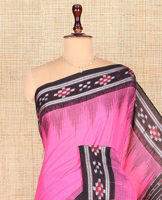 Pink Plain Odisha Cotton Saree, Complemented by a Contrast Temple Border of Pasapalli Weaves, Pallu Features Intricate Patterns, and Has No Blouse