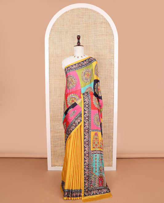 Multi-color printed, mirror work synon silk saree with printed border & printed rich pallu along with plain blouse