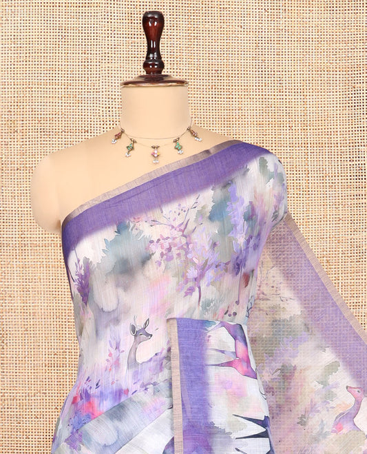 Violet Linen Cotton Saree, Bedecked with Floral and Deer Motifs Print, a Contrast Border, Striped Pallu, Contrast Blouse