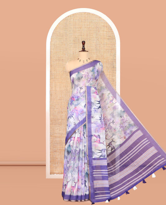Violet Linen Cotton Saree, Bedecked with Floral and Deer Motifs Print, a Contrast Border, Striped Pallu, Contrast Blouse