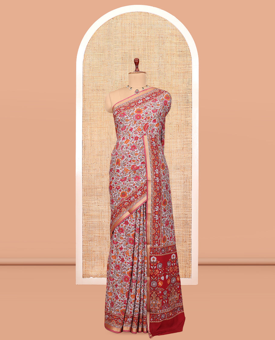 Grey Printed Silk Saree, Adorned with Floral-Vine Print, a Contrast Traditional Zari Border, Floral Pallu, and a Matching Blouse