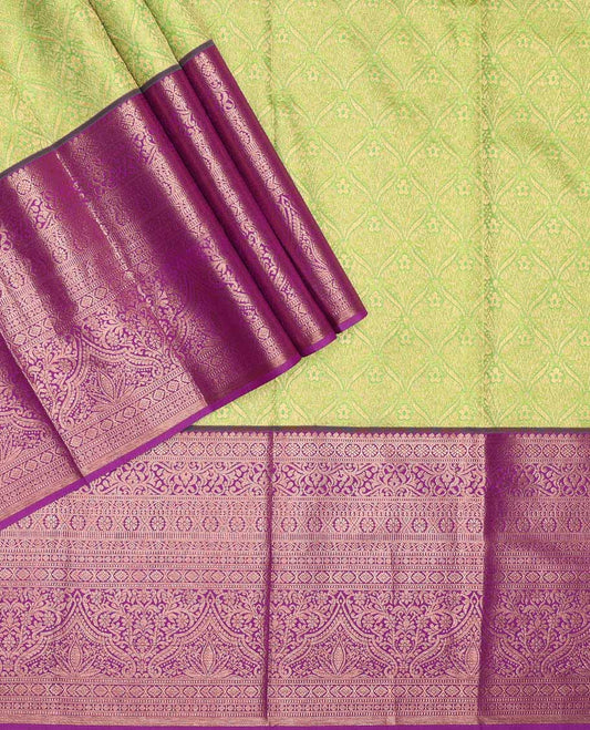 Green pure silk half-saree, jacquard with contrast traditional zari bordered skirt, contrast zari design blouse, and zari design dhavani