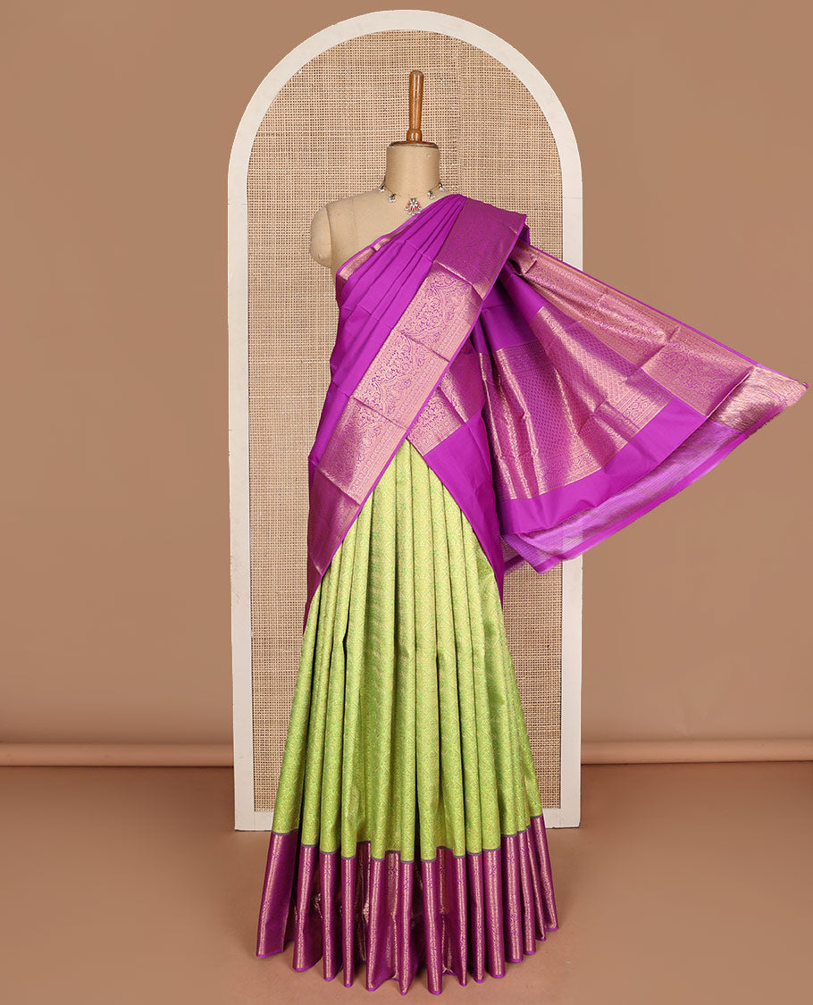 Green pure silk half-saree, jacquard with contrast traditional zari bordered skirt, contrast zari design blouse, and zari design dhavani