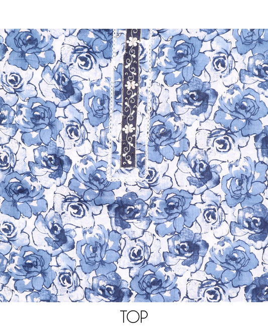 Blue cotton chudidhar material set, floral printed top, contrast plain bottom & geometric printed dupatta