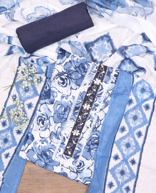 Blue cotton chudidhar material set, floral printed top, contrast plain bottom & geometric printed dupatta